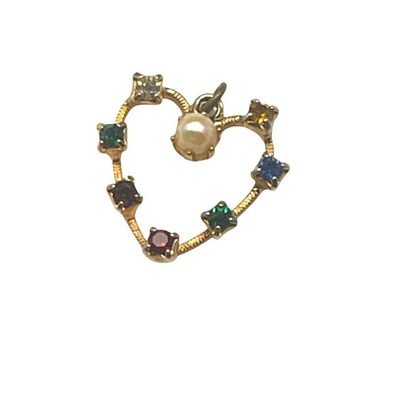 Heart-Shaped Gold Pendant With Multi-Color Stones & Pearl Accent - Picture 2 of 5